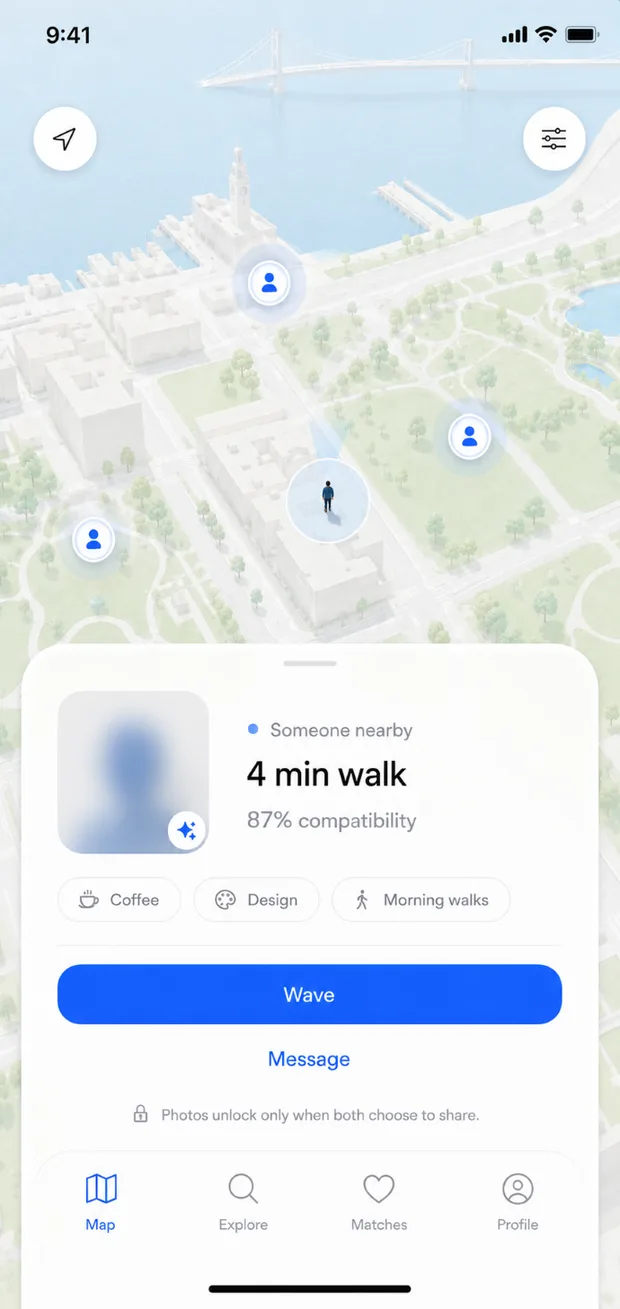 Within dating app map showing compatible people within walking distance