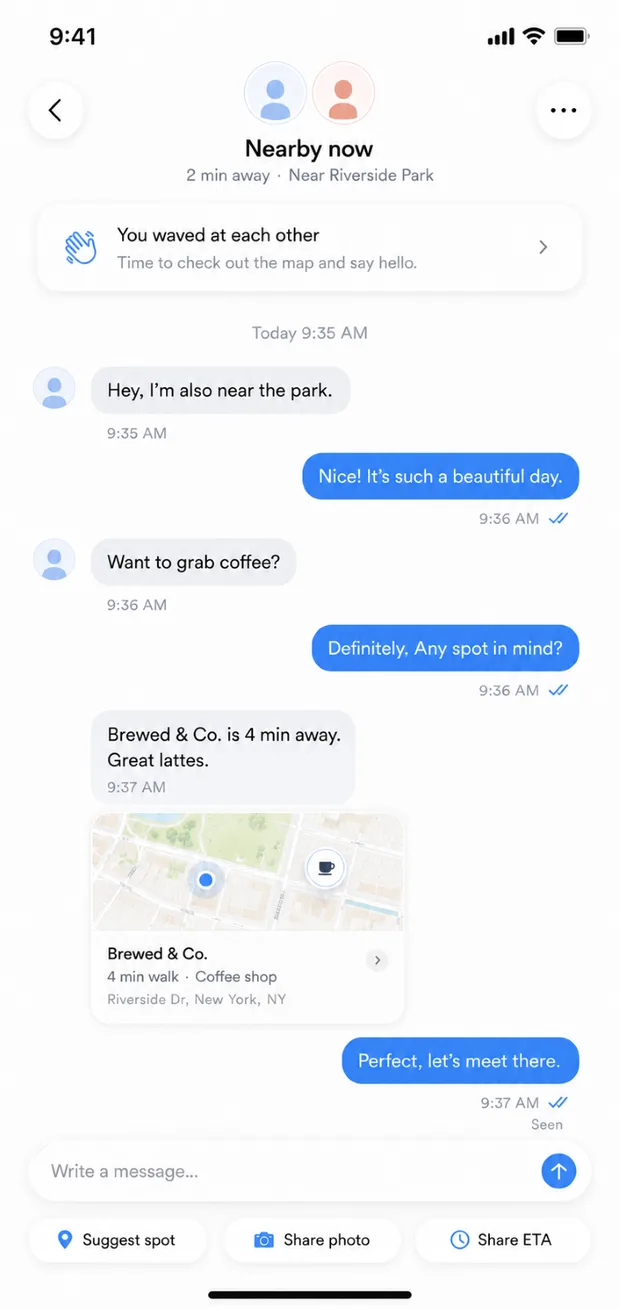 Within dating app chat screen planning a coffee meetup nearby