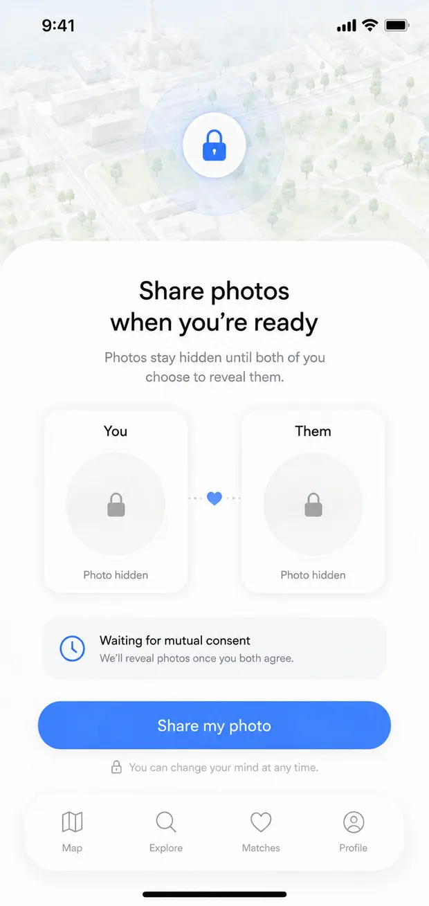 Within dating app mutual photo reveal screen with photos hidden until both consent